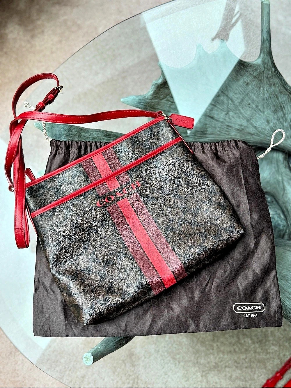Coach Signature Varsity Stripe File Crossbody Bag Brown & Red
